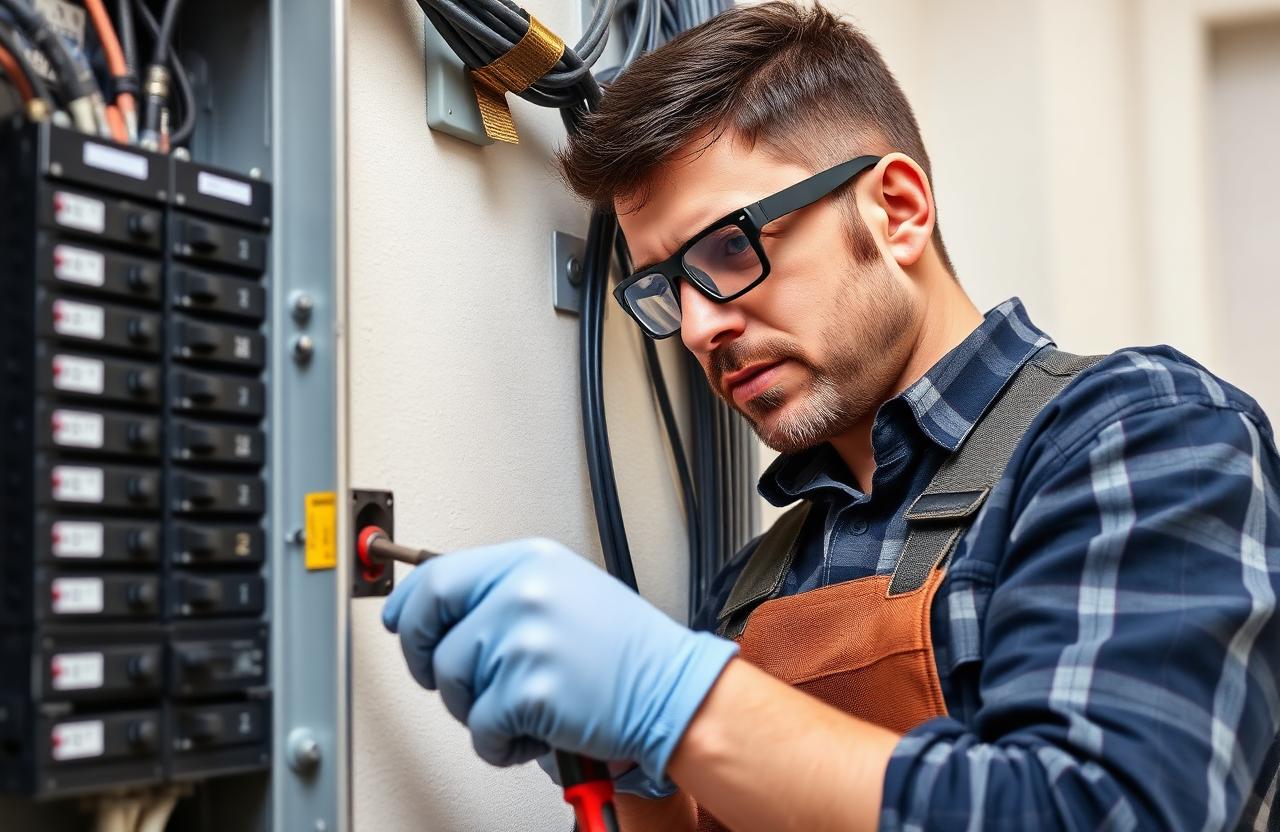 Licensed electrician in safety glasses and gloves wiring a 240V breaker into a residential electrical panel