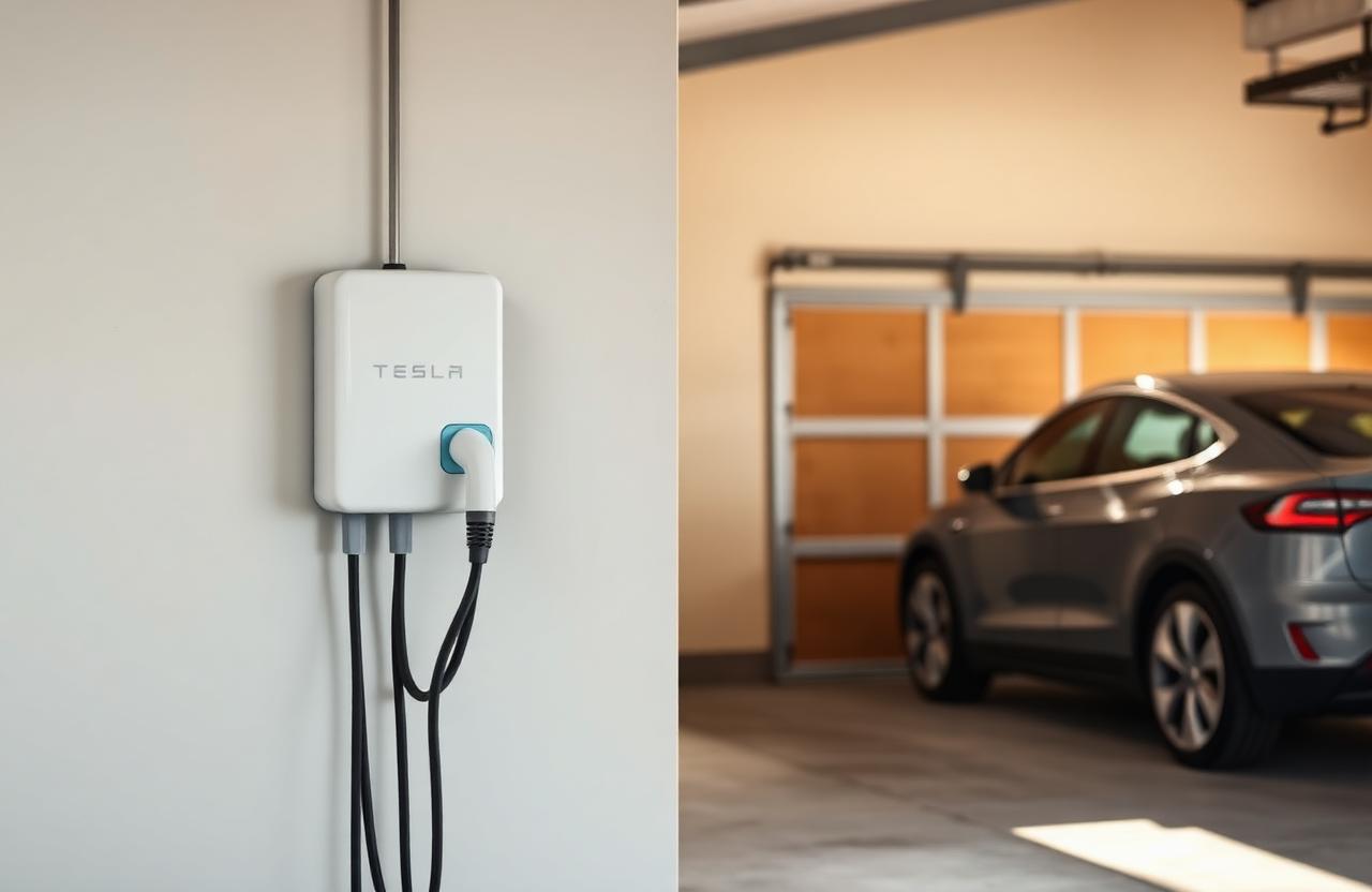 Wall-mounted Level 2 EV charger installed in a clean residential garage with cable neatly coiled
